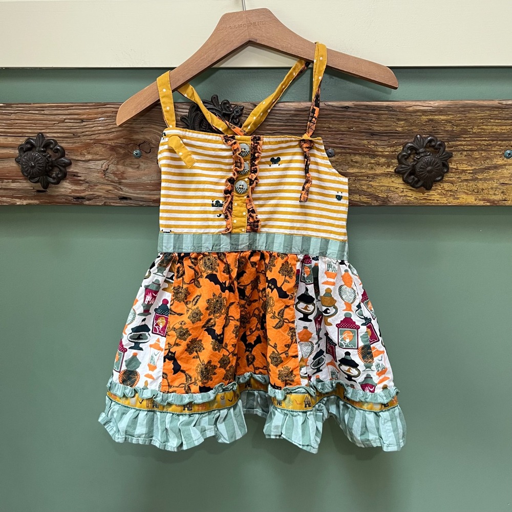 Matilda Jane Girls Halloween Patchwork Ruffle Top Bats Haunted House Size 8